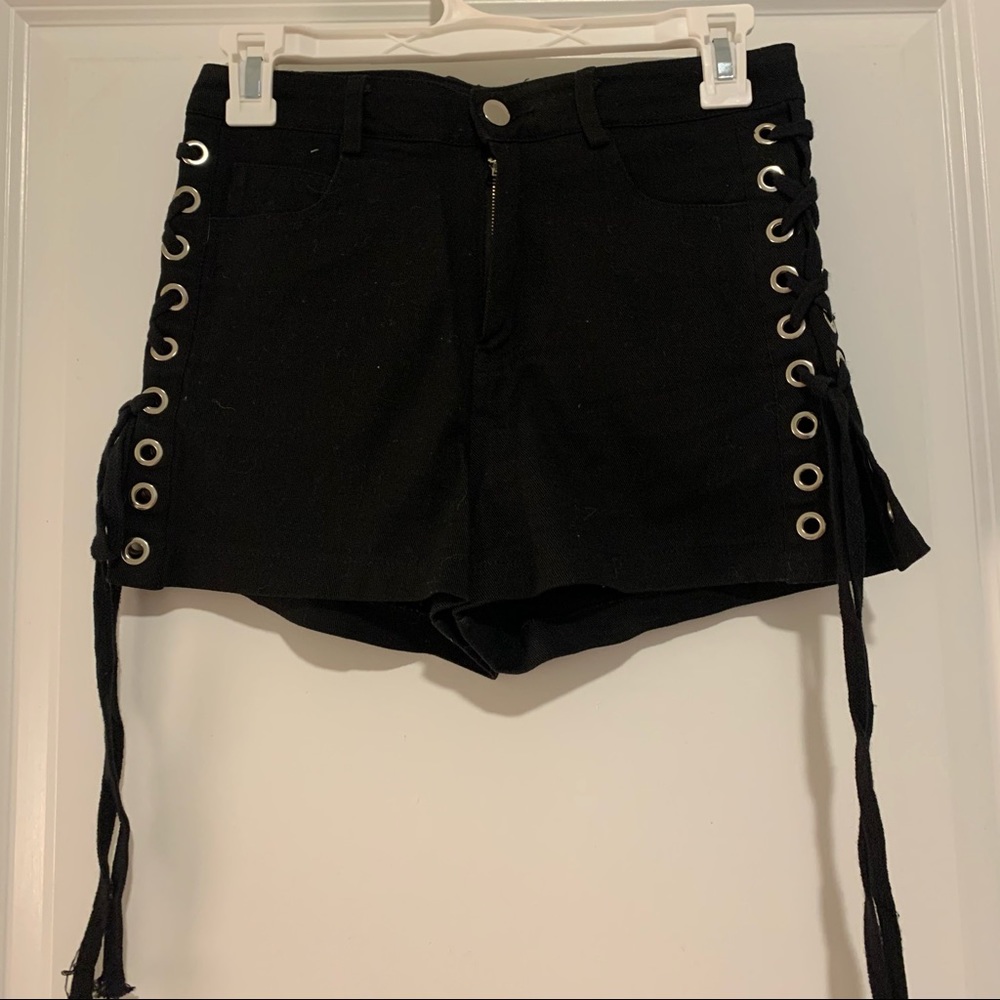 Mid Rise Side Straps Lace Up Stretch Denim Shorts